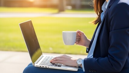 Modern businesswoman enjoying coffee break while working remotely on laptop in sunny park setting making professional decisions with confidence outside