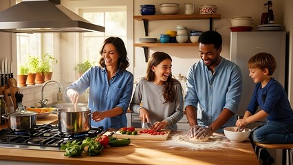 Joyful family cooking together in a bright kitchen, creating memories and delicious food, a heartwarming scene of togetherness and culinary fun