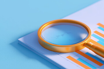 Financial analysis and business audit concept with a golden magnifying glass examining stack of bar chart reports on a clean blue desk.