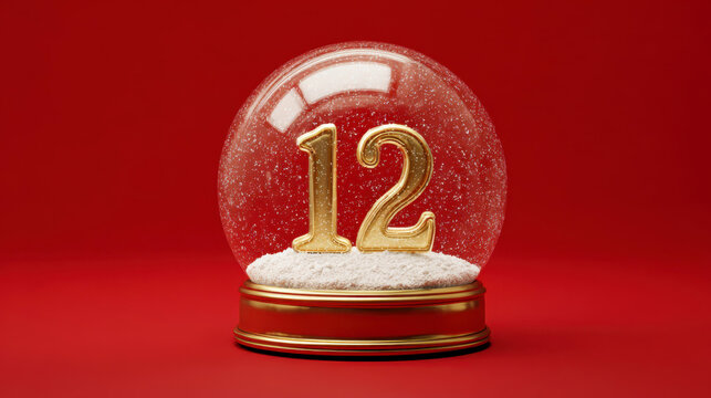 Snow globe with golden number 12 resting on snow against a vibrant festive red background. 12 days of christmas