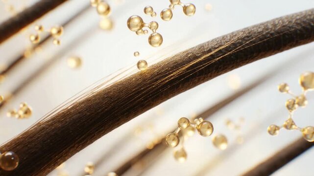 Hair care treatment animation showing molecule nourishing strands
