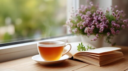 Cozy scene of a warm steaming cup of amber tea an open book and a potted plant with purple flowers placed on a wooden surface near a bright window evoking relaxation and quiet contemplation