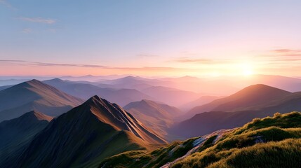 Expansive view of a majestic mountain range at dawn featuring layered peaks transitioning into soft atmospheric haze illuminated by a golden sun breaking over the horizon