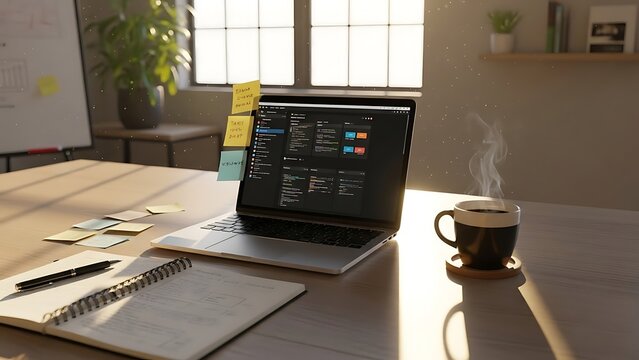 Modern workspace with laptop displaying code, coffee, and notes - ideal for showcasing productivity, software development, and a focused work environment