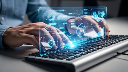 Modern AI technology interface for business solutions and data analysis, keyboard typing with digital display overlay, futuristic design for innovative companies