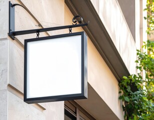 Square sign, blank, black frame on building exterior