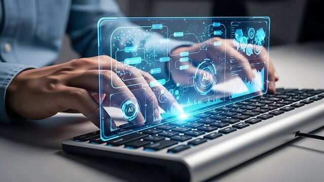 Modern AI technology interface for business solutions and data analysis, keyboard typing with digital display overlay, futuristic design for innovative companies - Powered by Adobe