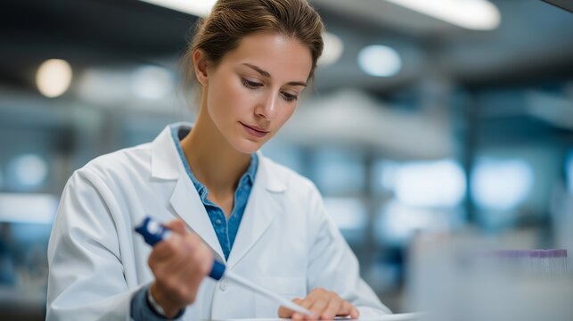 A lab technician carefully calibrating a high-precision pipette, adjusting micro-volume settings while cross-checking measurements on a digital scale — laboratory accuracy, biomedical research