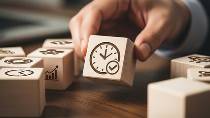 Hand places a wooden block with a clock and checkmark, symbolizing effective time management, successful project completion, and optimized business workflow for increased productivity