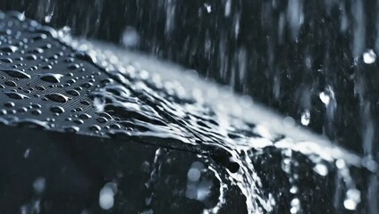 Rain Falling on Dark Umbrella Slow Motion Close Up