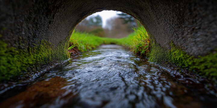 Rushing water stream viewed from inside a dark concrete culvert or tunnel, framed by vibrant green moss and leading toward a blurred meadow.