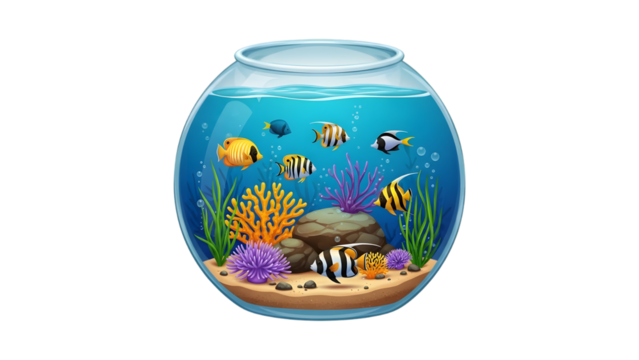Colorful tropical fish swimming inside a clear glass fishbowl isolated on transparent background