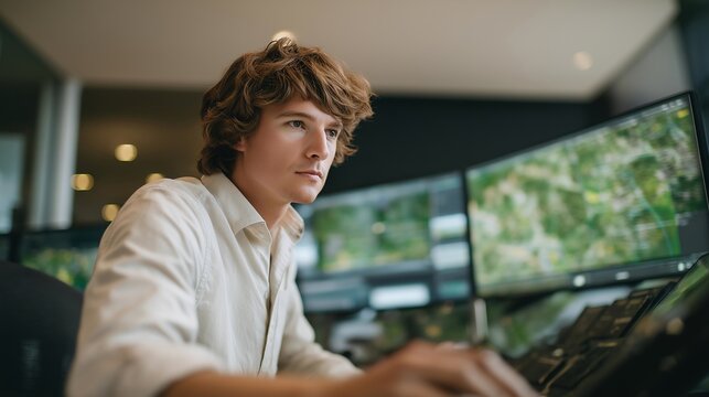 A data analyst working inside a farm operations center surrounded by screens showing yield predictions, drone reports, soil maps, and climate alerts — agriculture data science, predictive