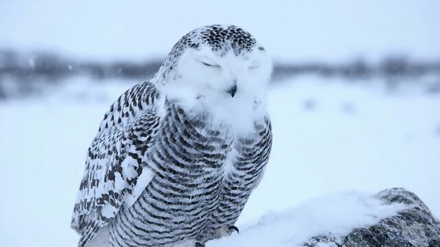 Close up of a majestic snowy owl's piercing yellow eyes, capturing its intense gaze and intricate feather patterns, set against a blurred arctic background.