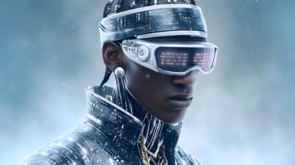 Close up portrait of an individual in advanced fashion adorned with high tech digital goggles with a soft frosty technological environment