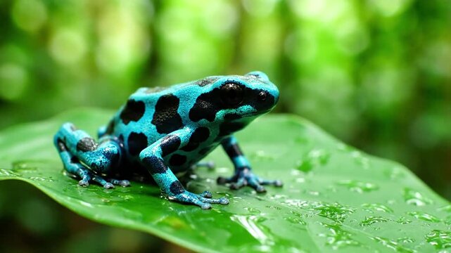A vibrant, camouflaged tree frog perched motionless on a dew kissed tropical leaf, showcasing intricate skin patterns and alert eyes in its pristine habitat.