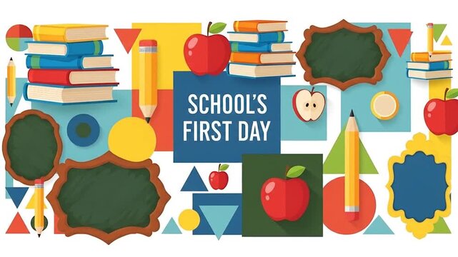Colorful back to school illustration. Books, apples, pencils, and chalkboards with vibrant geometric shapes for a new academic year