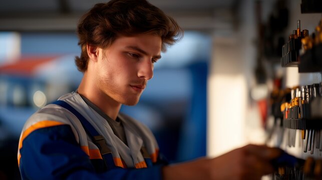 A mechanic sorting specialized tools on modular workshop racks, each silhouette perfectly matched to its slot — precision craftsmanship, automotive repair organization, and professional tool