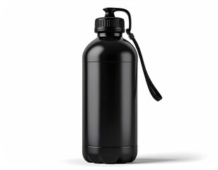 Black water bottle with lanyard, on a clean white background