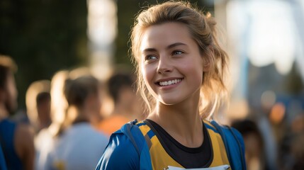 A runner participating in a charity race, wearing a participant bib and sharing a warm smile with other runners at the starting line — community event, feel-good sports spirit, and purposeful