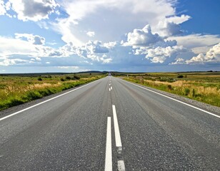 Asphalt highway stretches under a partly cloudy sky