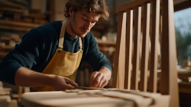 A craftsman repairing a wooden chair using replaceable joints and removable hardware, restoring strength while preserving the original finish — sustainable furniture, heritage craftsmanship, and
