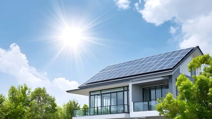 A modern home featuring solar panels on its roof illuminated by bright sunlight under a clear blue sky with clouds surrounded by lush green trees representing eco friendly living and renewable energy