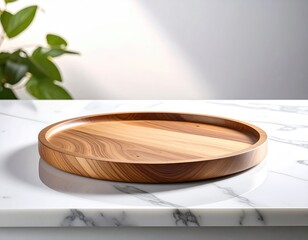Round wooden tray on a marble surface, soft lighting