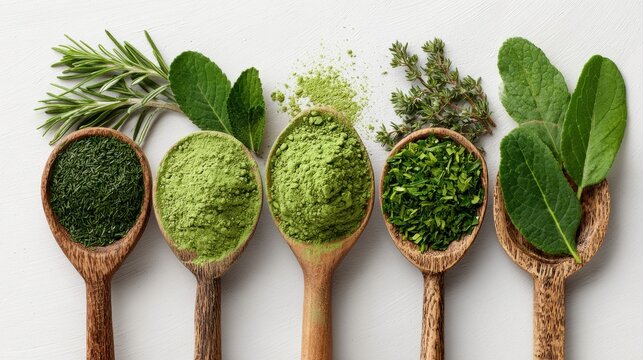 Fresh green herbs and healthy powders displayed on spoons - Powered by Adobe