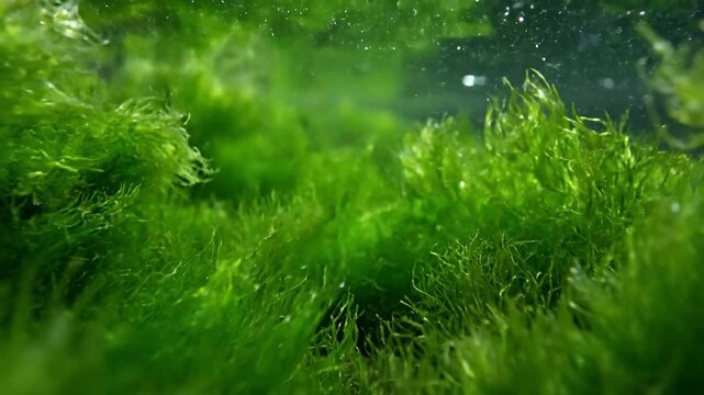 Macro view of vibrant green filamentous algae swaying gently underwater, illuminated by natural light, showcasing its intricate, delicate structure and organic movement.