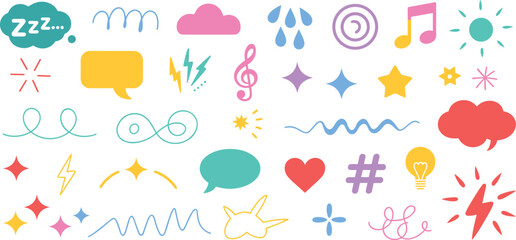 Colorful decorative icons, speech bubbles, hearts, stars, lightning bolts, musical notes, swirls, clouds, abstract symbols, vector design, expressive elements