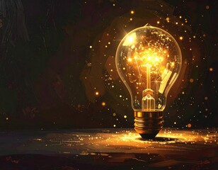 Lightbulb glows, sparkled, against blurred dark background