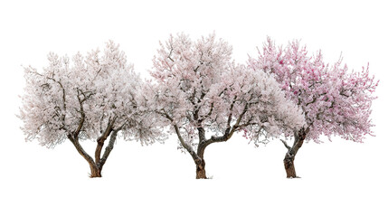 Obraz premium Three frosty almond blossom trees with white and pink flowers on transparent background