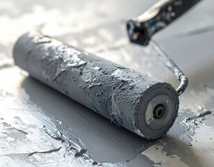 Paint roller covered in gray paint, resting on painted surface