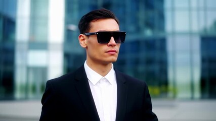 A man in a tailored suit and sunglasses poses in front of a modern glass building - Powered by Adobe