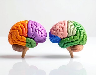 Two colorful brain models facing each other, on white