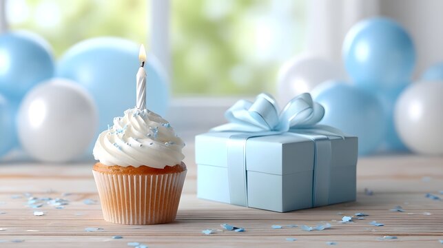 Blue and white themed birthday party setup featuring a lit cupcake with a candle a wrapped gift box with a ribbon and bow and decorative balloons