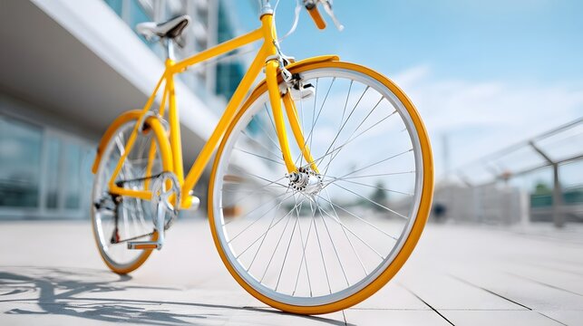 A bright yellow commuter bicycle stands parked on a city street pavement on a sunny day with modern architecture in the blurred background
