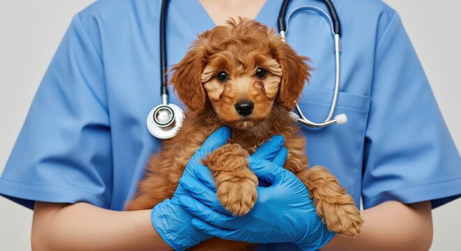 Veterinarian doctor examining a cute poodle puppy with a stethoscope at the vet clinic. Pet animal healthcare concept - Powered by Adobe