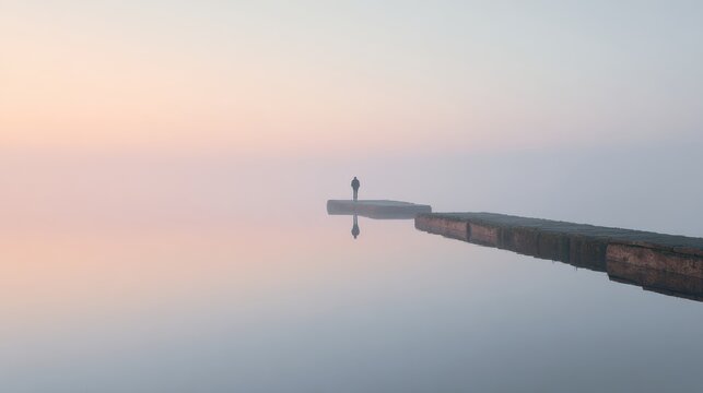 Solitary Figure On Misty Pier At Sunrise. Reflective Moment In Serene Landscape