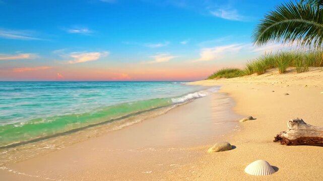 Mesmerizing slow motion capture of gentle ocean waves softly receding from the sandy shore, revealing intricate patterns left by the water. Serene, close up perspective showcasing the delicate?
