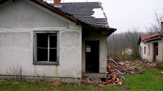 A damaged building with a missing roof section stands in a rural landscape, surrounded by debris