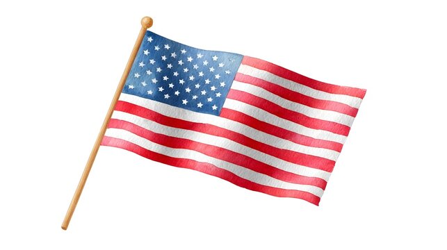 Detailed watercolor of the Stars and Stripes flag on a wooden pole  Iconic red and white stripes and blue canton with white stars on a white backdrop evoking national pride and patriotism