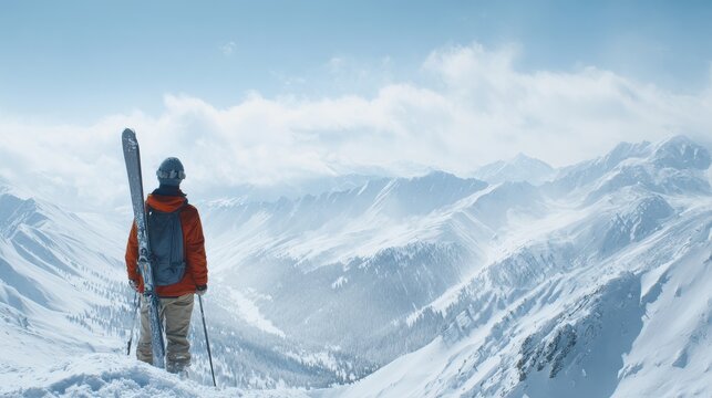 Skier In Red Jacket Overlooking Snowy Mountain Range. Adventure And Exploration In Winter Landscape