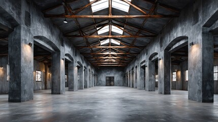 Obraz premium Spacious empty concrete warehouse interior with high ceilings and steel beams featuring grunge grey wall texture and industrial architecture.