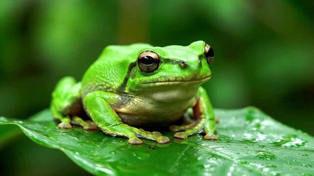 Macro view of a vibrant tree frog perched on a dewy tropical leaf, showcasing intricate skin patterns and large, expressive eyes in its natural habitat.