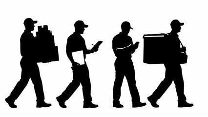 Delivery service personnel carrying packages and writing notes, illustrating logistics and shipping operations