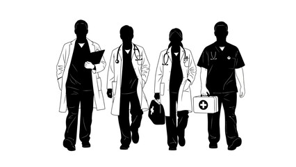 Silhouette of four medical professionals walking together, symbolizing healthcare team collaboration and dedication
