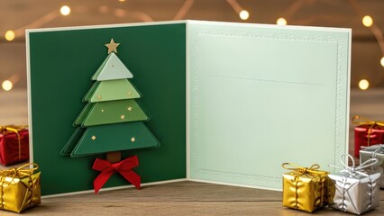 Festive christmas card with green tree and gift boxes on wooden table