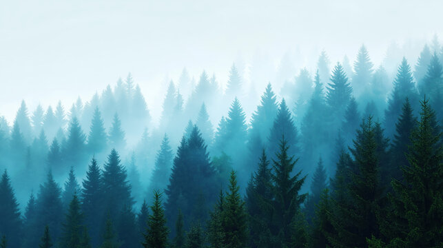 Tranquil view of evergreen trees covering a misty mountain slope, creating an ethereal and mysterious natural background.